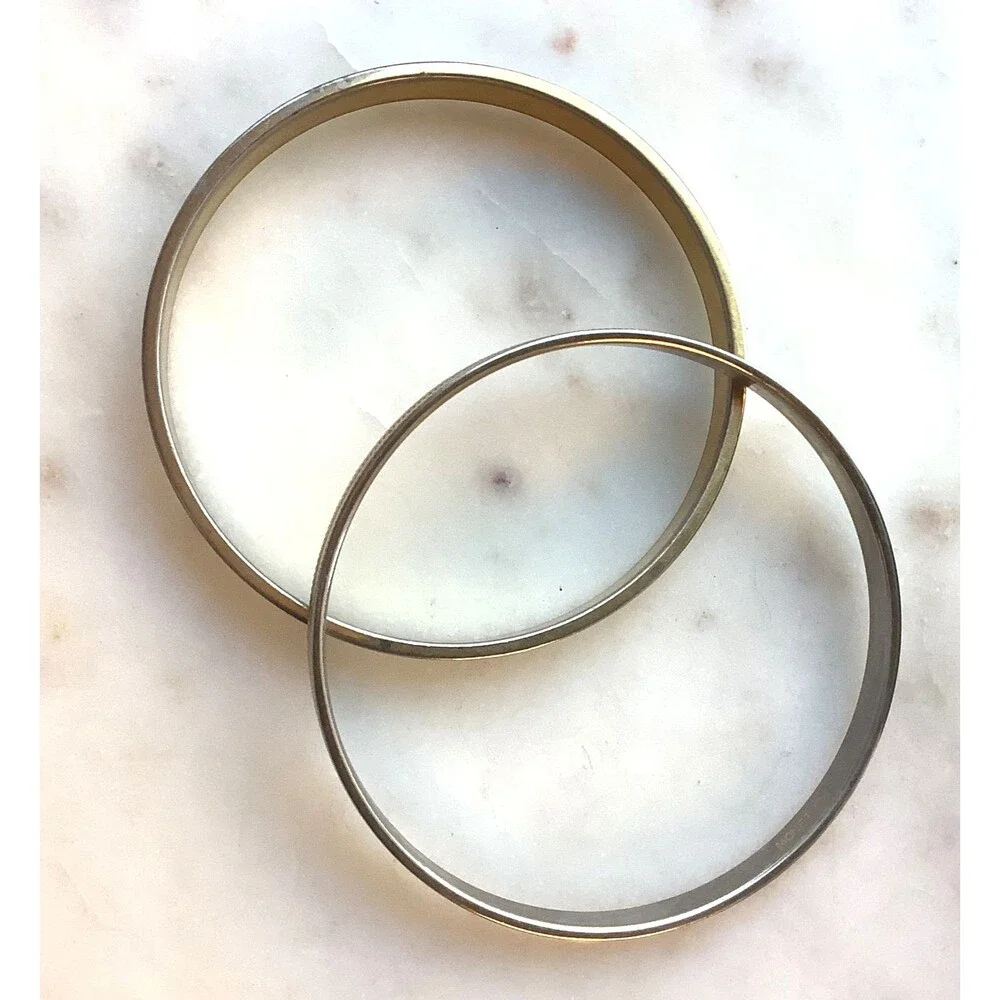 Monet Bangles Gold Tone Bracelets Stackable Set of 2 Herringbone White Enamel